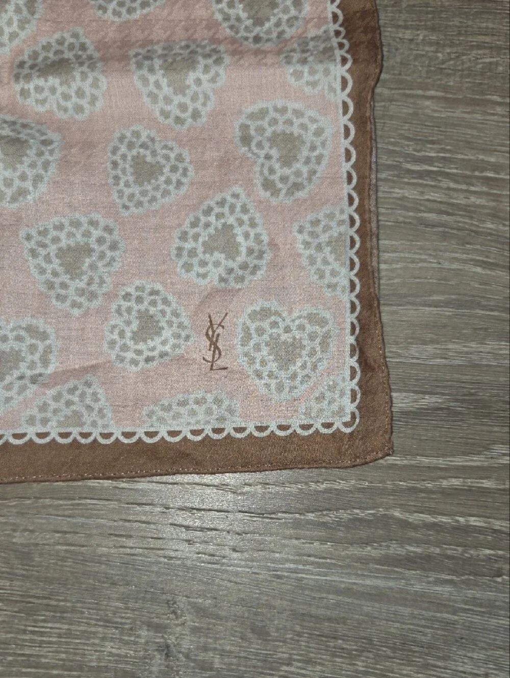 Yves Saint Laurent Pink and White Heart Cotton Handkerchif with Brown Border